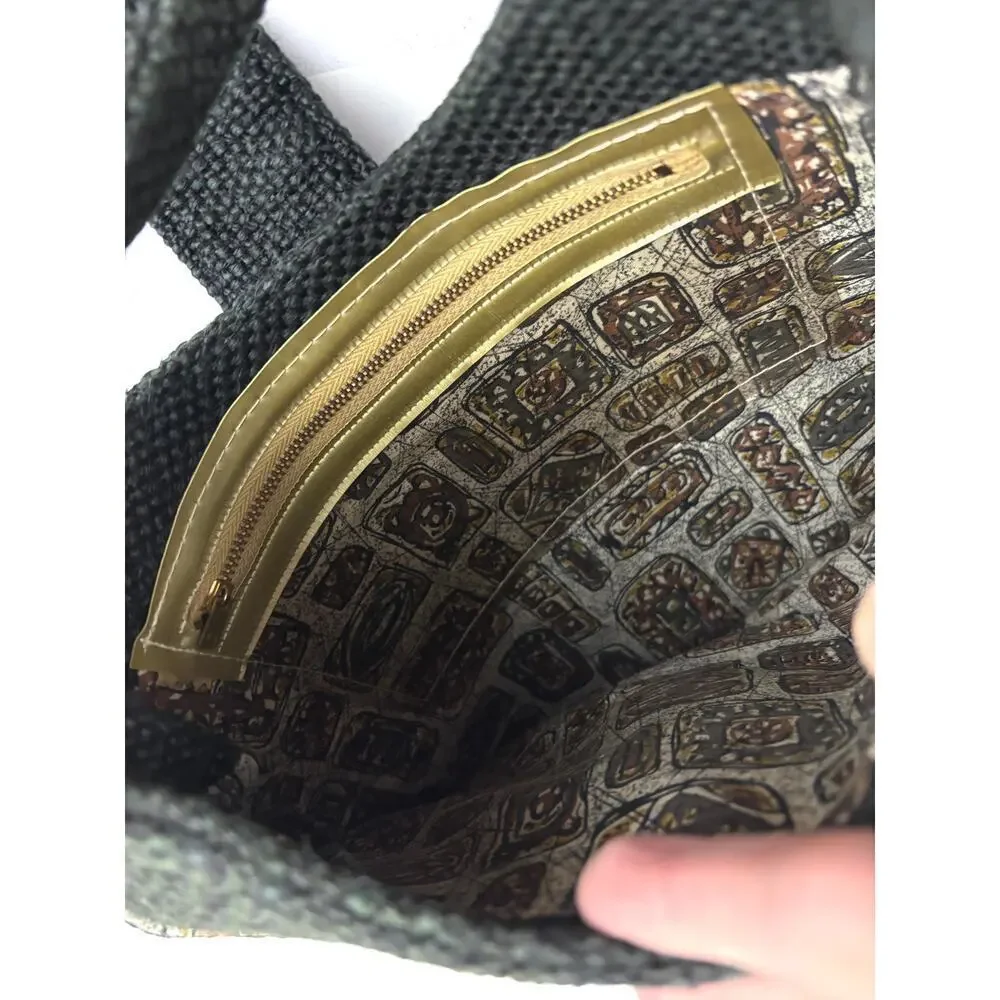 VTG 1970s Charcoal Black Tweed‎ Hobo Bag Gold Hardware Unique